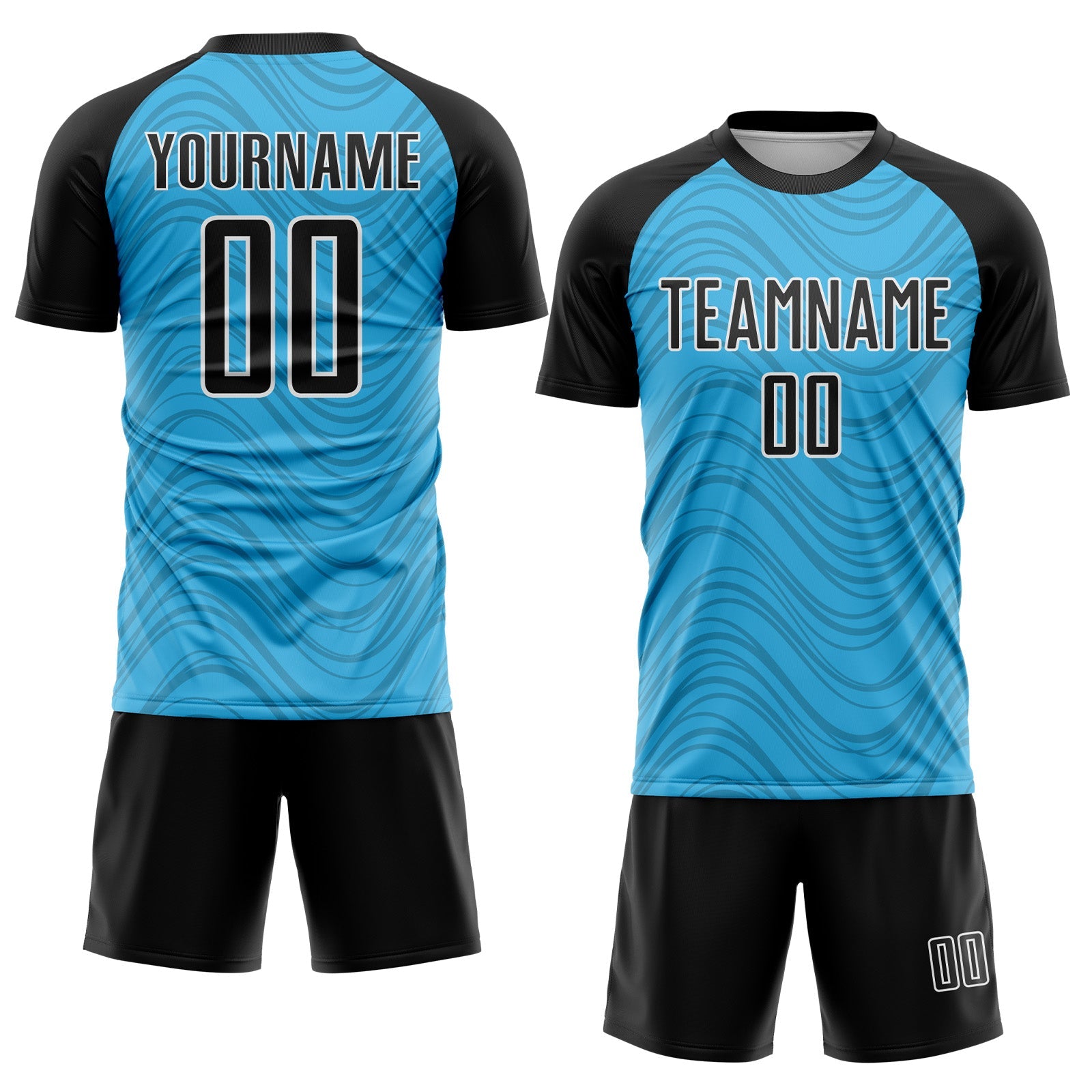 Custom Sky Blue Black-White Wavy Lines Sports Sublimation Soccer Uniform Jersey view 2
