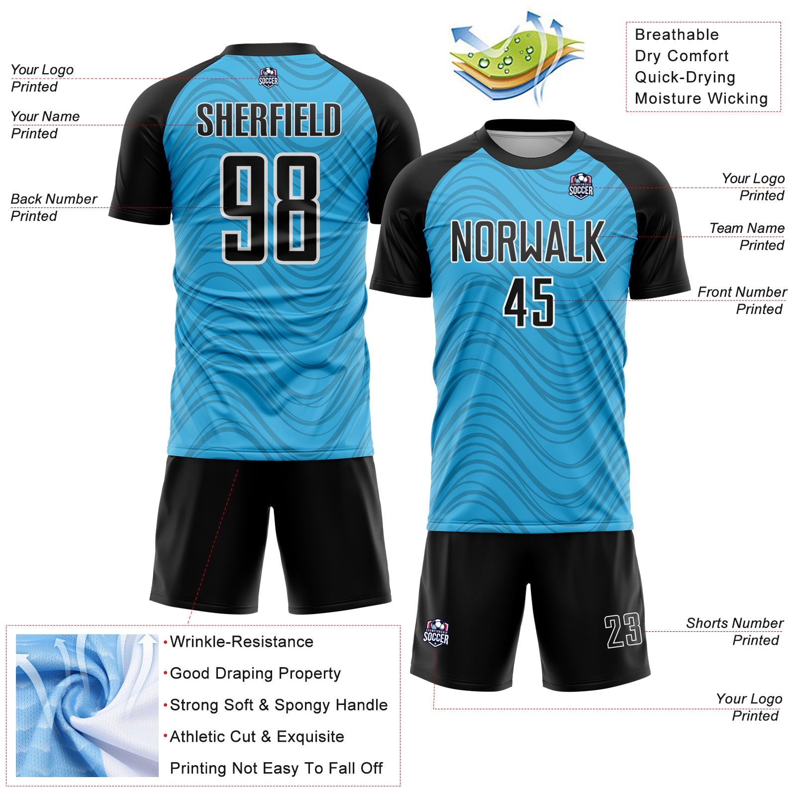 Custom Sky Blue Black-White Wavy Lines Sports Sublimation Soccer Uniform Jersey view 4