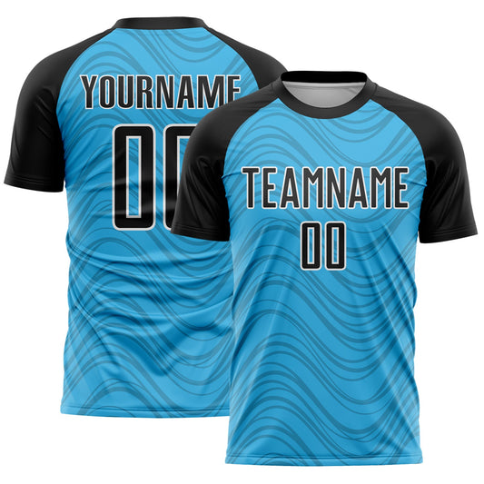 Custom Sky Blue Black-White Wavy Lines Sports Sublimation Soccer Uniform Jersey - Main View