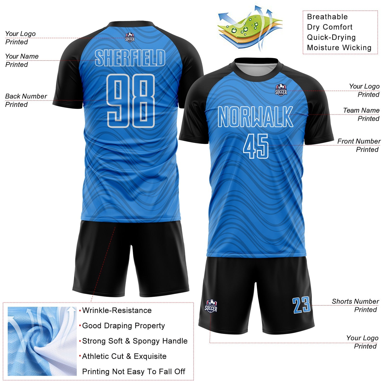 Custom Powder Blue Black-White Wavy Lines Sports Sublimation Soccer Uniform Jersey view 4