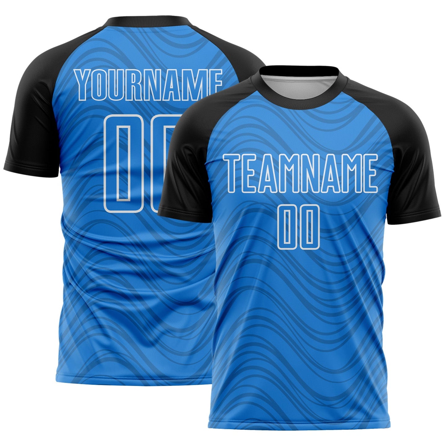 Custom Powder Blue Black-White Wavy Lines Sports Sublimation Soccer Uniform Jersey - Main View