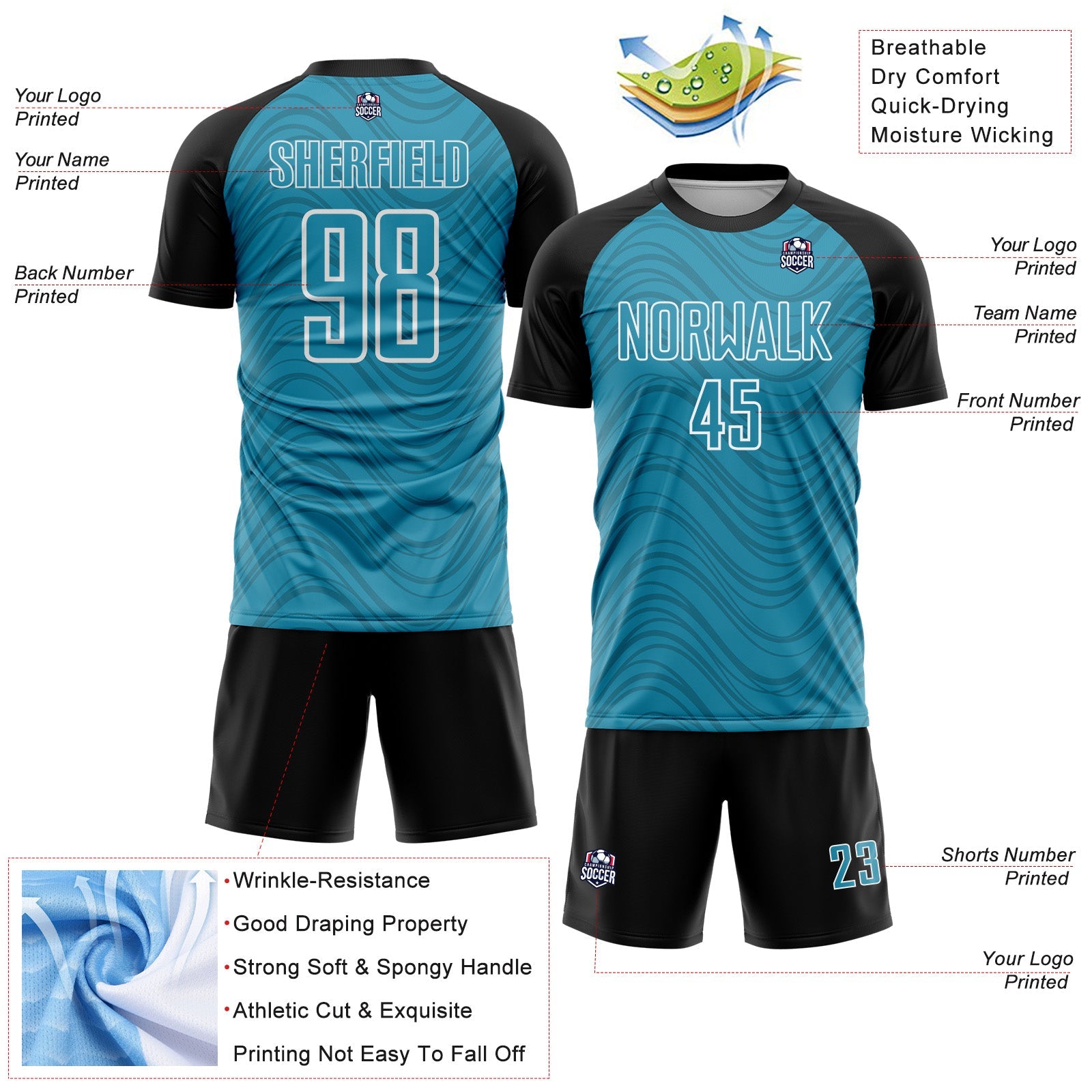 Custom Panther Blue Black-White Wavy Lines Sports Sublimation Soccer Uniform Jersey view 4