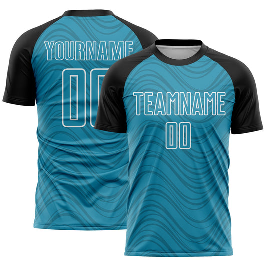 Custom Panther Blue Black-White Wavy Lines Sports Sublimation Soccer Uniform Jersey - Main View