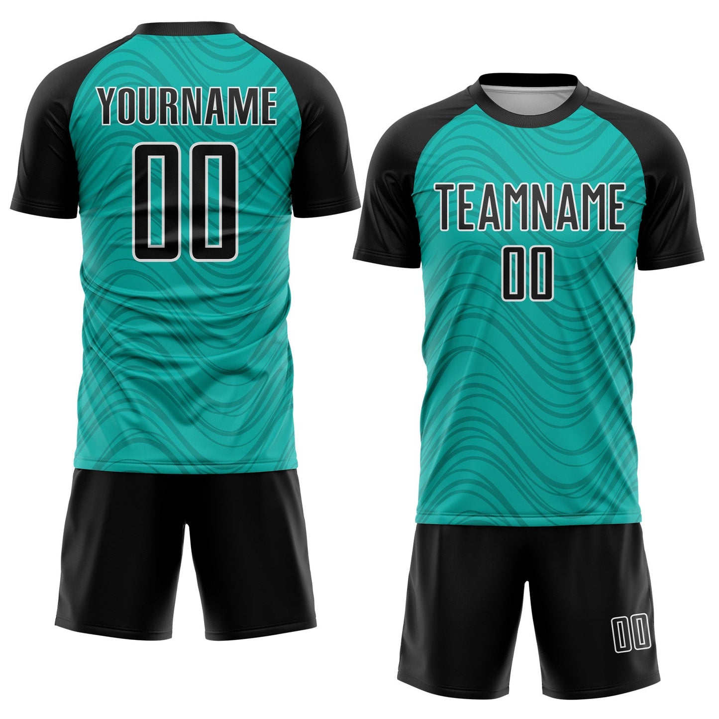 Custom Aqua Black-White Wavy Lines Sports Sublimation Soccer Uniform Jersey view 2