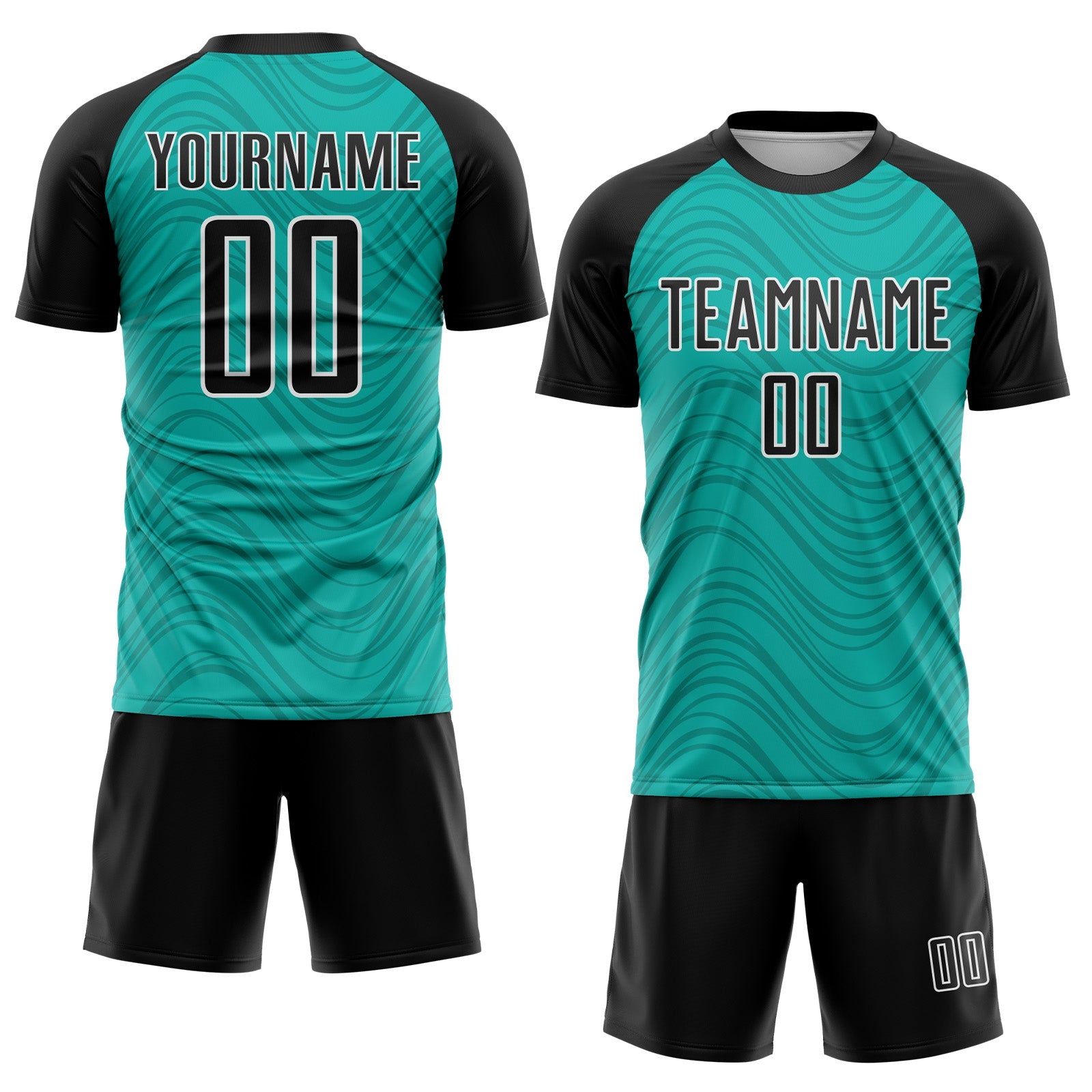 Custom Aqua Black-White Wavy Lines Sports Sublimation Soccer Uniform Jersey view 2
