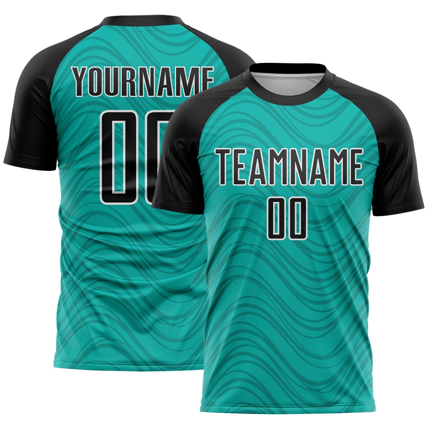 Custom Aqua Black-White Wavy Lines Sports Sublimation Soccer Uniform Jersey - Main View