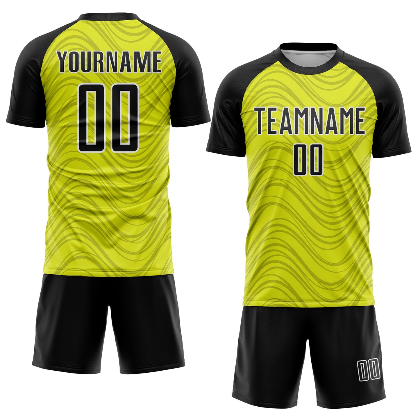 Custom Neon Yellow Black-White Wavy Lines Sports Sublimation Soccer Uniform Jersey view 2