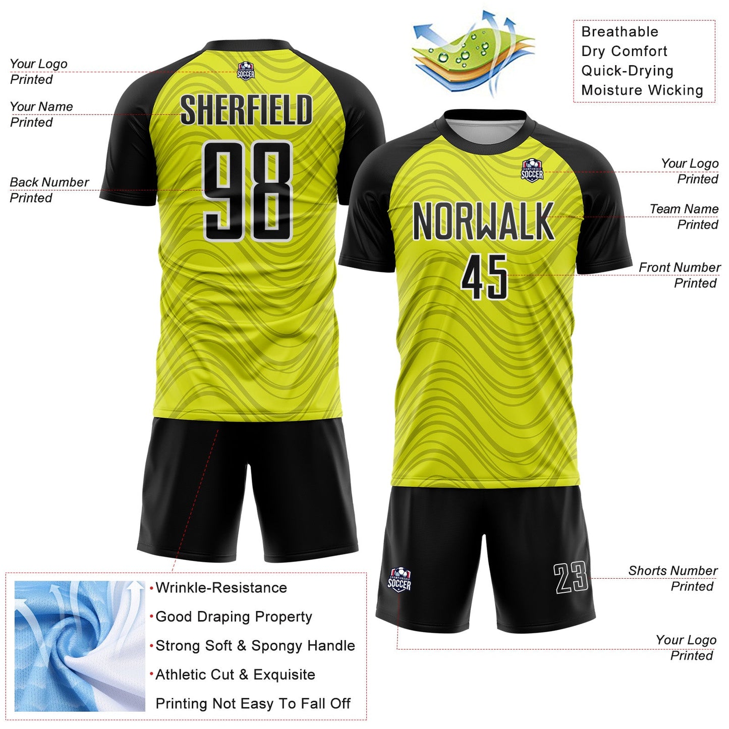 Custom Neon Yellow Black-White Wavy Lines Sports Sublimation Soccer Uniform Jersey view 4