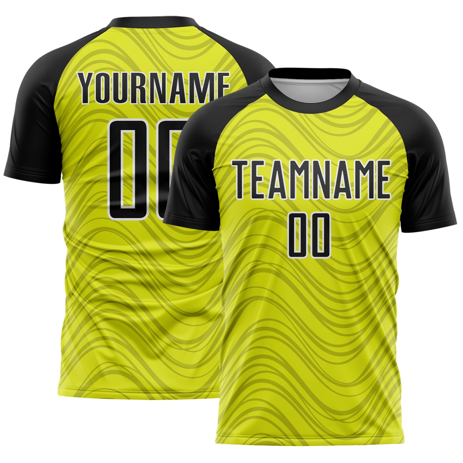 Custom Neon Yellow Black-White Wavy Lines Sports Sublimation Soccer Uniform Jersey - Main View