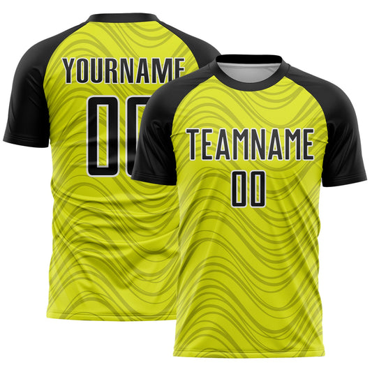 Custom Neon Yellow Black-White Wavy Lines Sports Sublimation Soccer Uniform Jersey - Main View