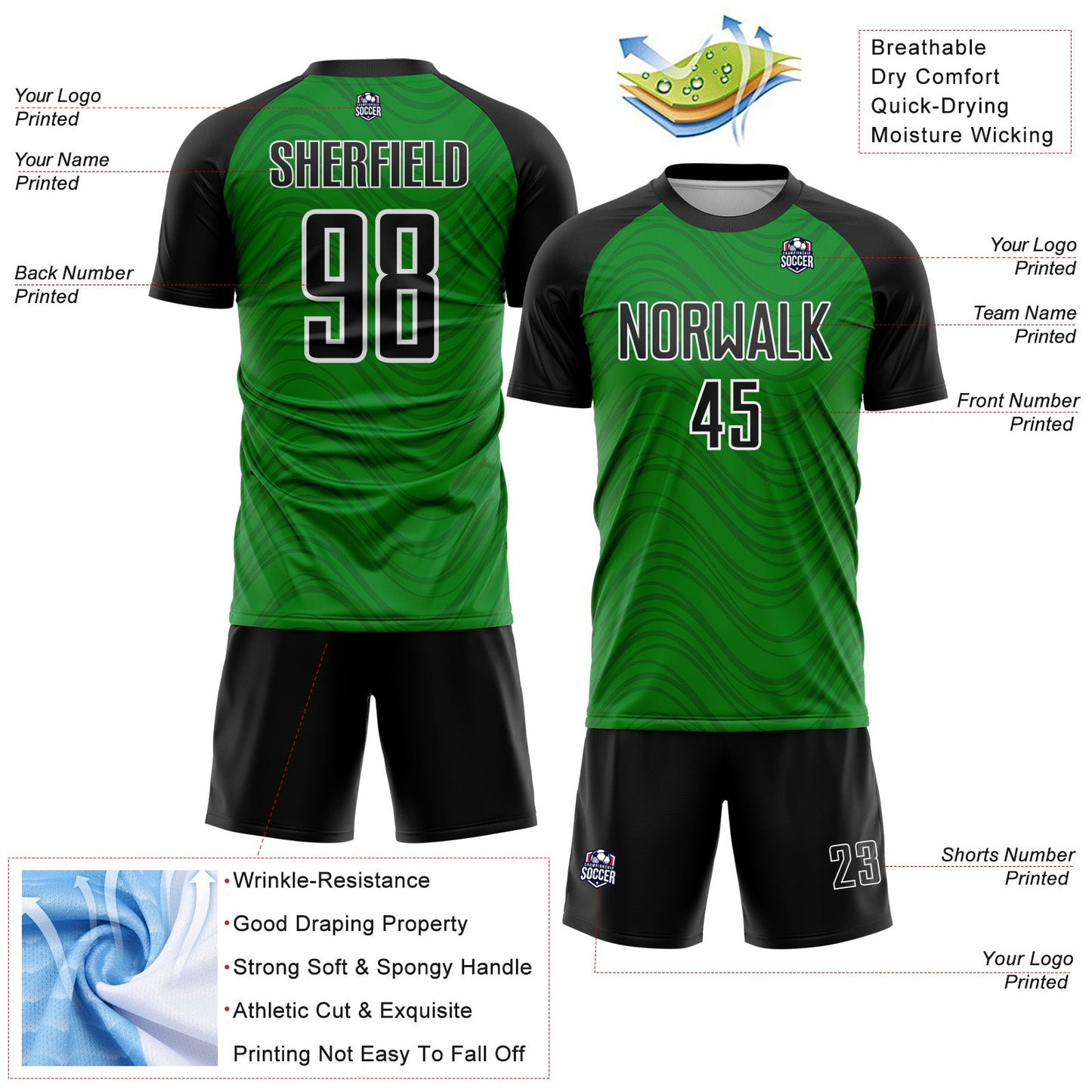 Custom Grass Green Black-White Wavy Lines Sports Sublimation Soccer Uniform Jersey view 4