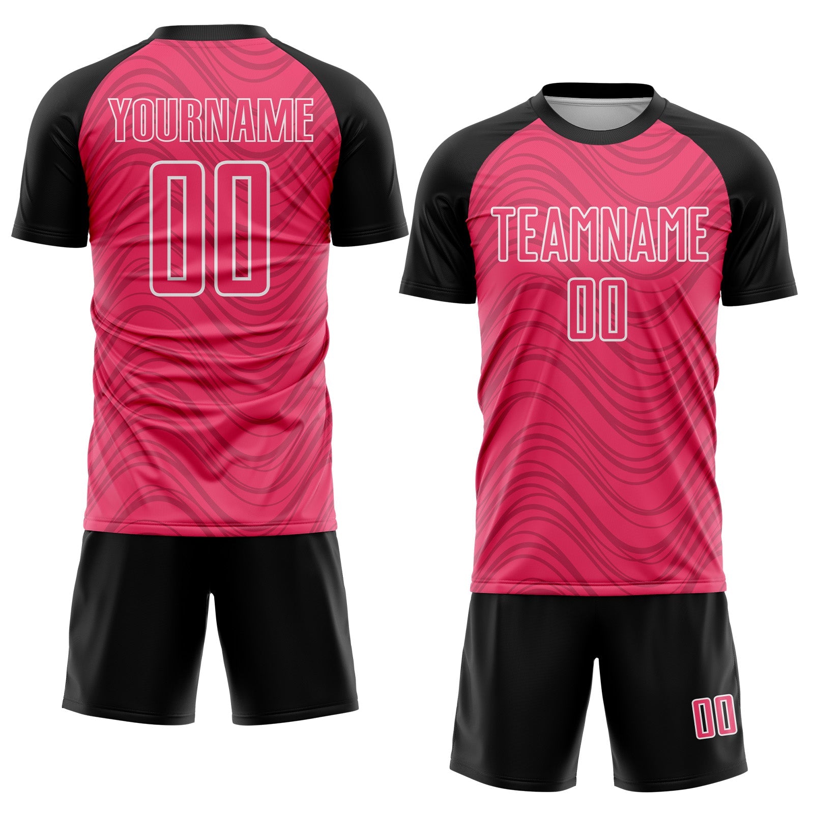 Custom Neon Pink Black-White Wavy Lines Sports Sublimation Soccer Uniform Jersey view 2