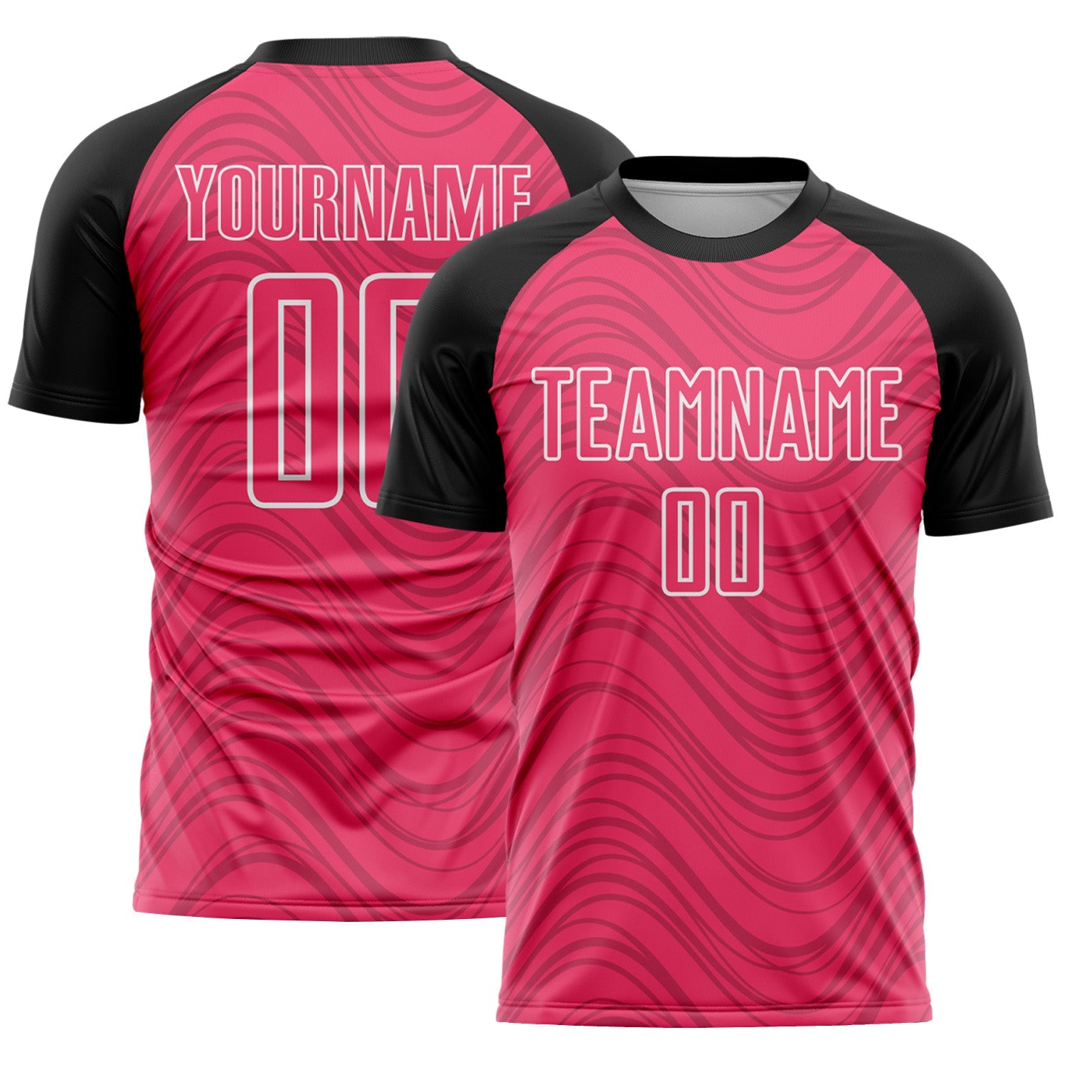 Custom Neon Pink Black-White Wavy Lines Sports Sublimation Soccer Uniform Jersey - Main View