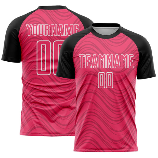 Custom Neon Pink Black-White Wavy Lines Sports Sublimation Soccer Uniform Jersey - Main View
