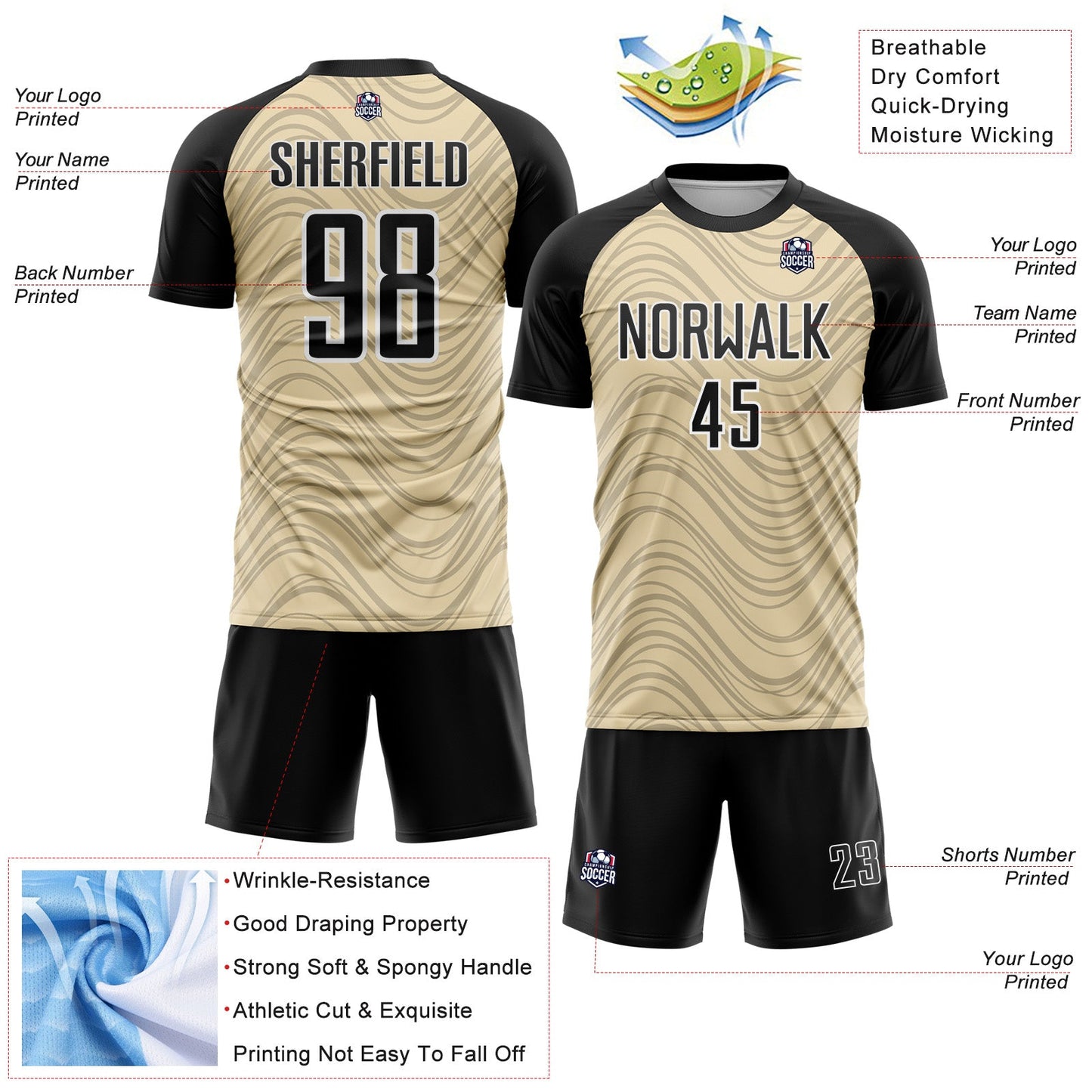 Custom Cream Black-White Wavy Lines Sports Sublimation Soccer Uniform Jersey view 4
