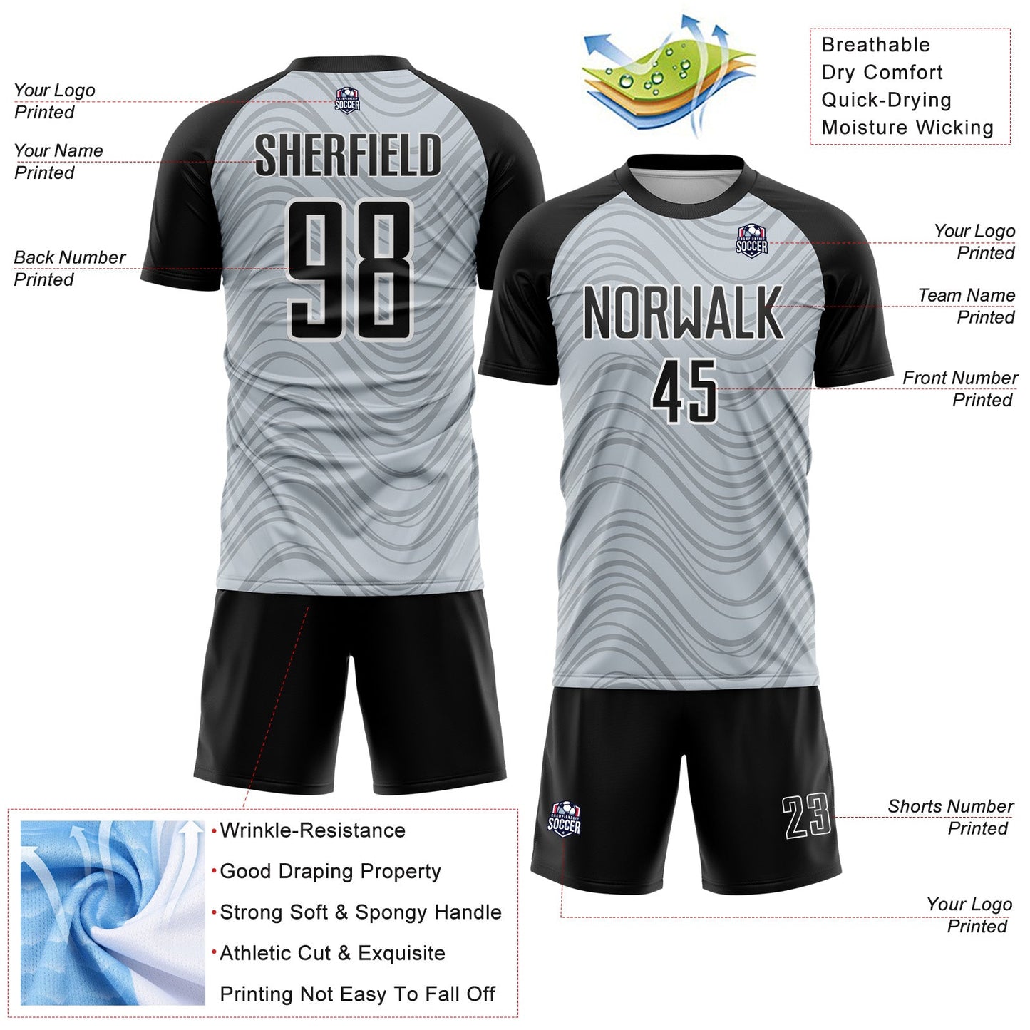 Custom Silver Black-White Wavy Lines Sports Sublimation Soccer Uniform Jersey view 4