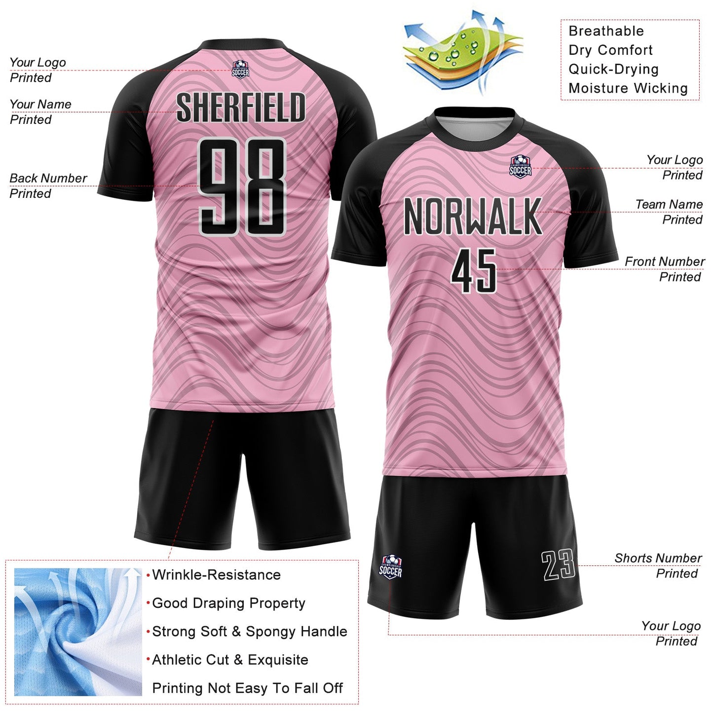 Custom Light Pink Black-White Wavy Lines Sports Sublimation Soccer Uniform Jersey view 4