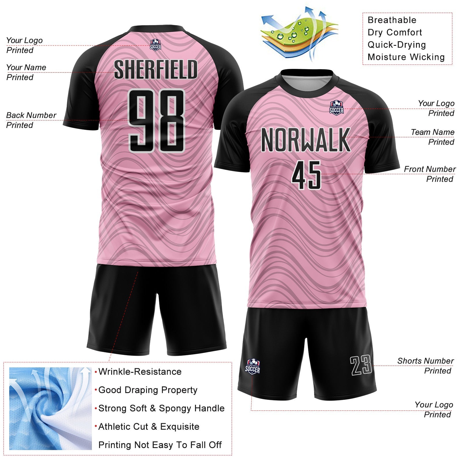 Custom Light Pink Black-White Wavy Lines Sports Sublimation Soccer Uniform Jersey view 4