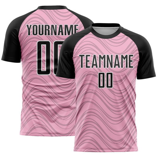 Custom Light Pink Black-White Wavy Lines Sports Sublimation Soccer Uniform Jersey - Main View