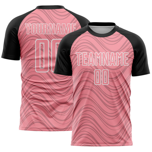 Custom Medium Pink Black-White Wavy Lines Sports Sublimation Soccer Uniform Jersey - Main View