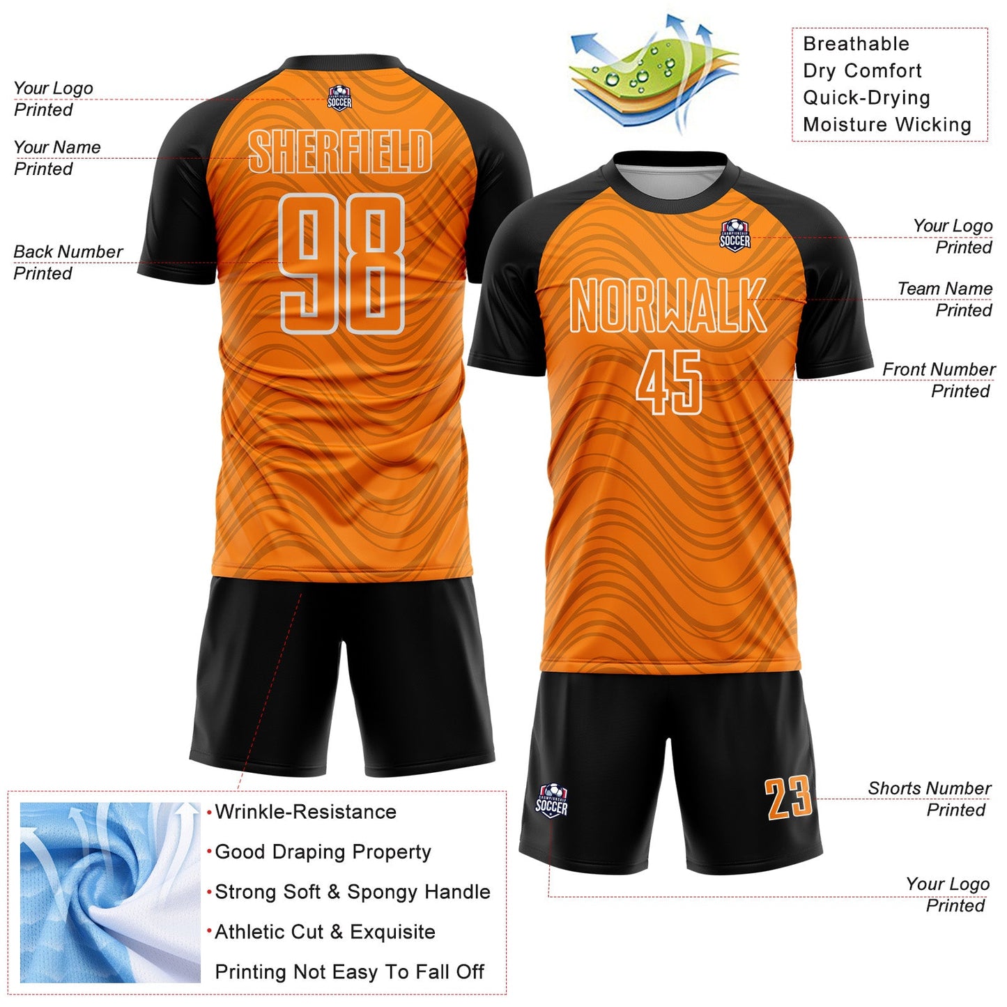 Custom Bay Orange Black-White Wavy Lines Sports Sublimation Soccer Uniform Jersey view 4