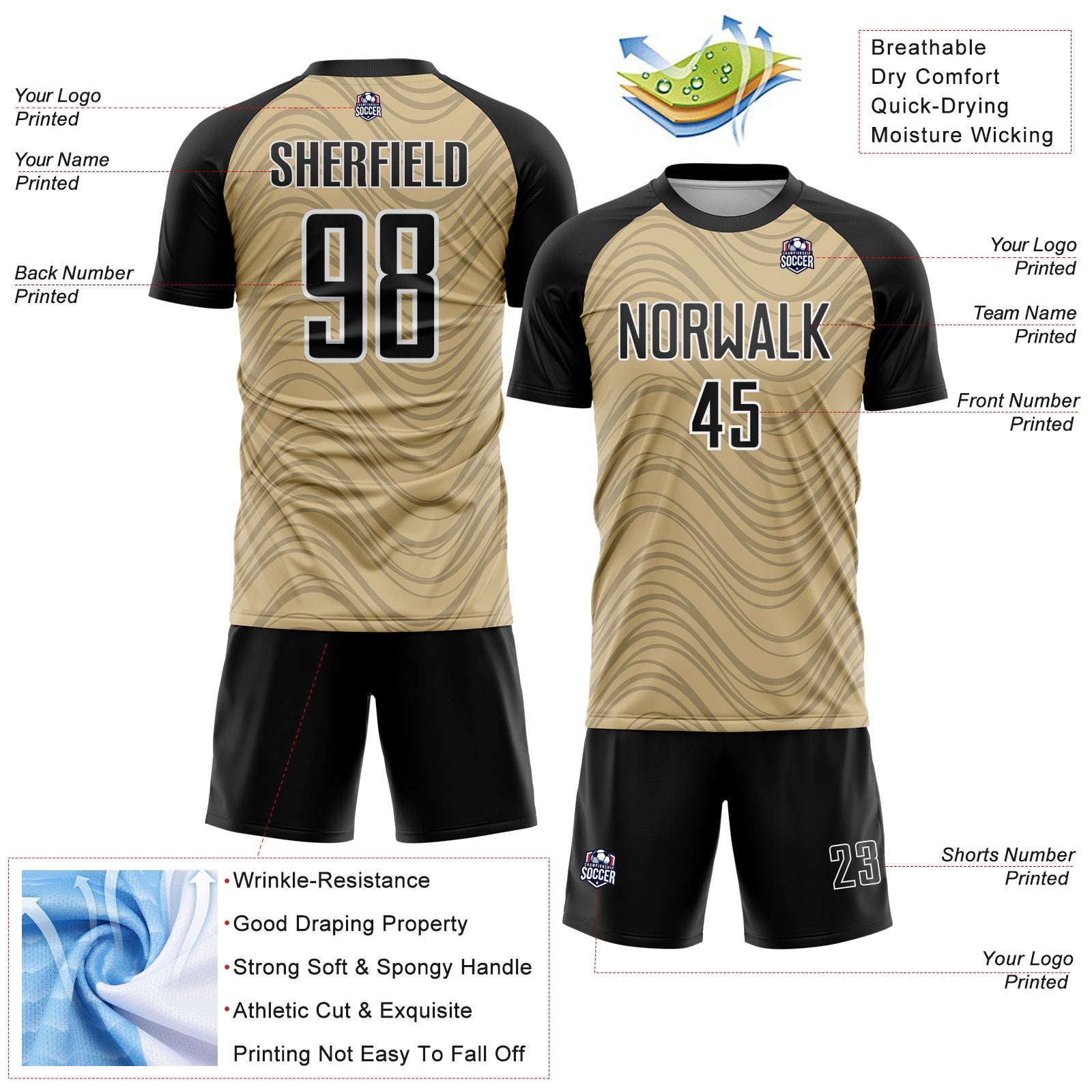 Custom Vegas Gold Black-White Wavy Lines Sports Sublimation Soccer Uniform Jersey view 4