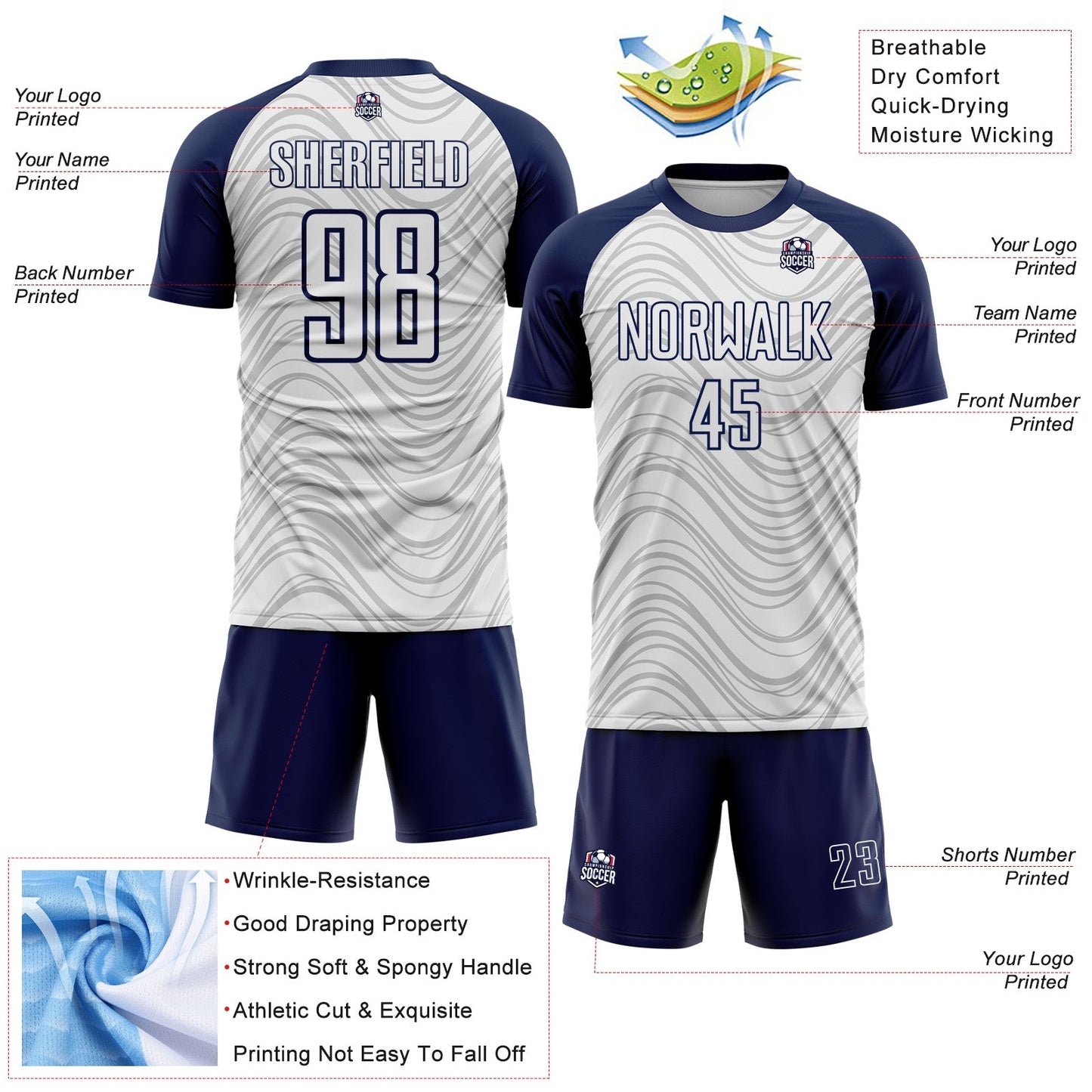 Custom White Navy Wavy Lines Sports Sublimation Soccer Uniform Jersey view 4