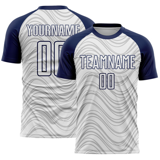 Custom White Navy Wavy Lines Sports Sublimation Soccer Uniform Jersey - Main View
