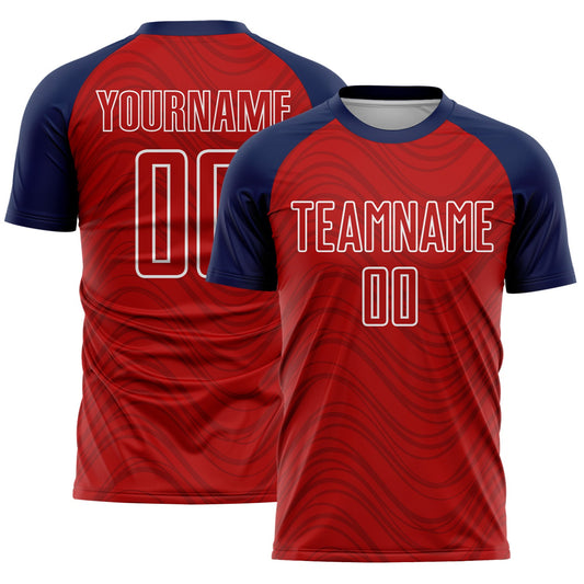Custom Red Navy-White Wavy Lines Sports Sublimation Soccer Uniform Jersey - Main View