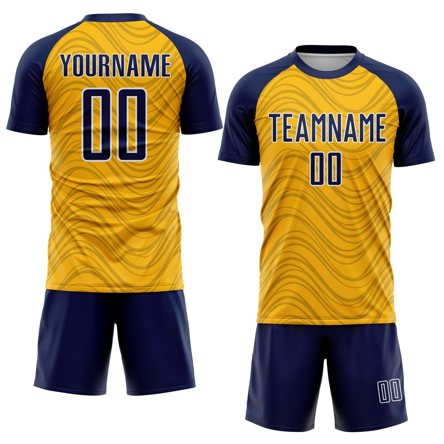 Custom Gold Navy-White Wavy Lines Sports Sublimation Soccer Uniform Jersey view 2