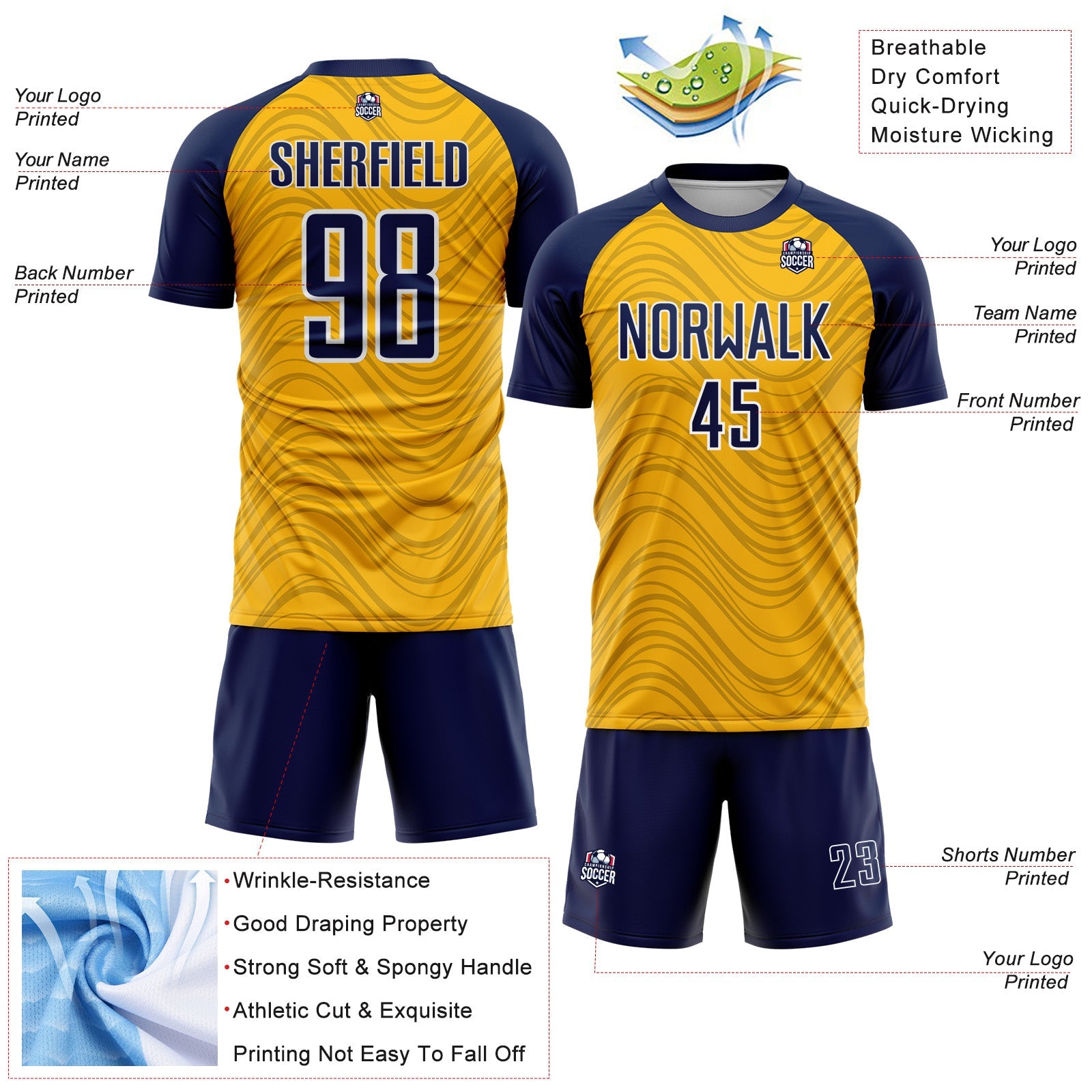 Custom Gold Navy-White Wavy Lines Sports Sublimation Soccer Uniform Jersey view 4