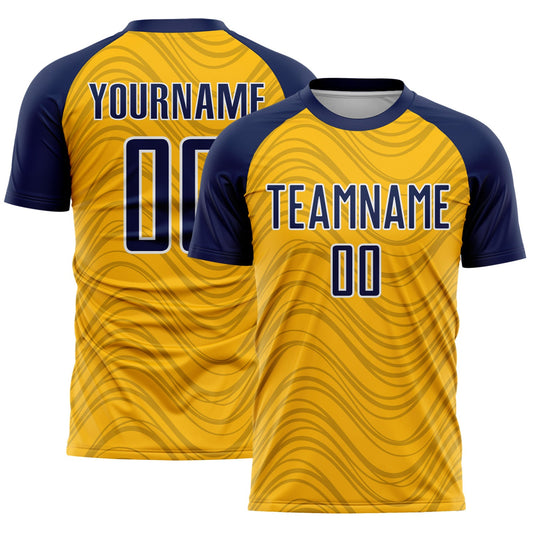 Custom Gold Navy-White Wavy Lines Sports Sublimation Soccer Uniform Jersey - Main View