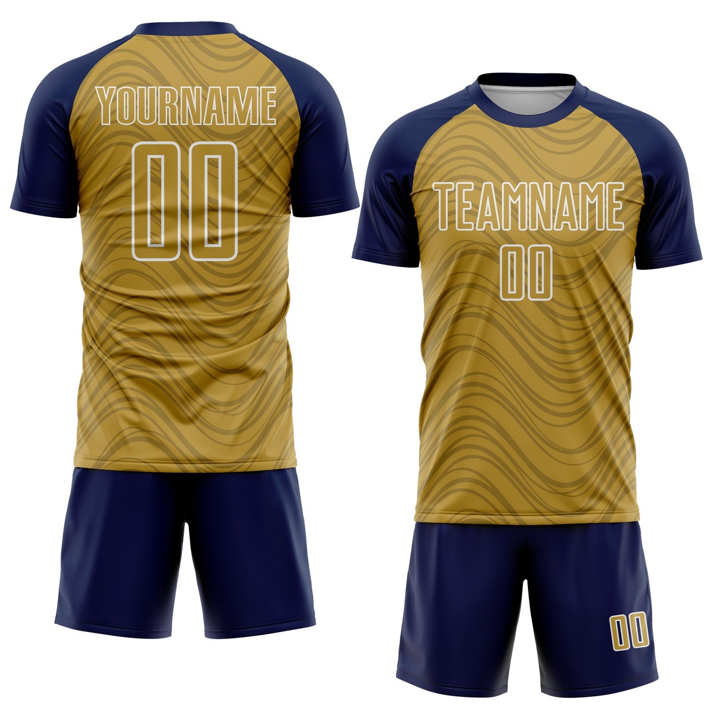 Custom Old Gold Navy-White Wavy Lines Sports Sublimation Soccer Uniform Jersey view 2