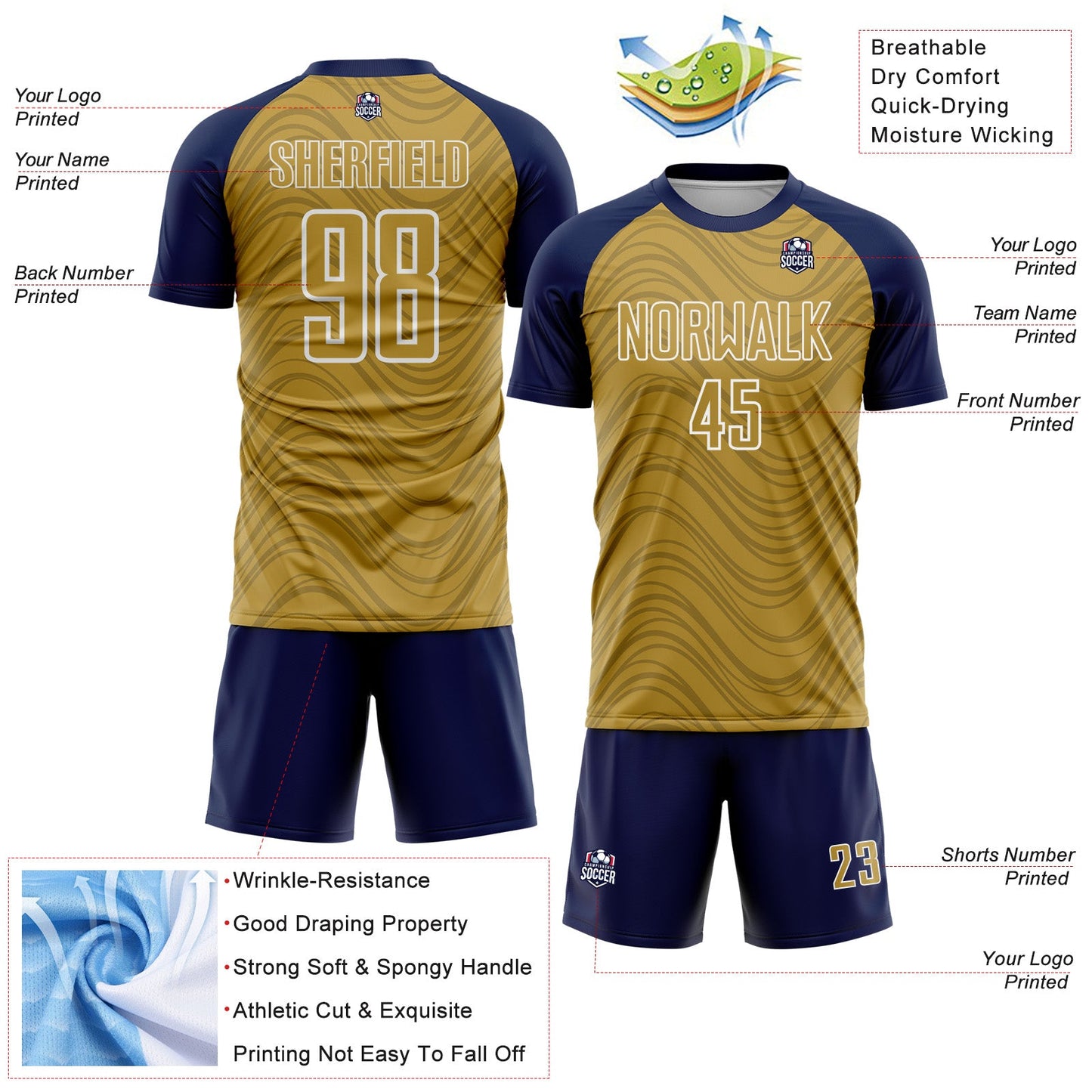 Custom Old Gold Navy-White Wavy Lines Sports Sublimation Soccer Uniform Jersey view 4