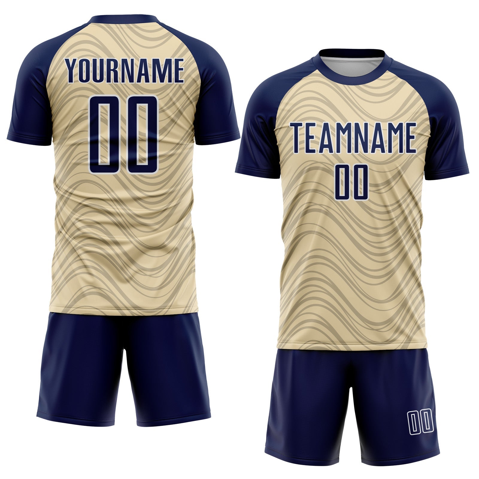 Custom Cream Navy-White Wavy Lines Sports Sublimation Soccer Uniform Jersey view 2