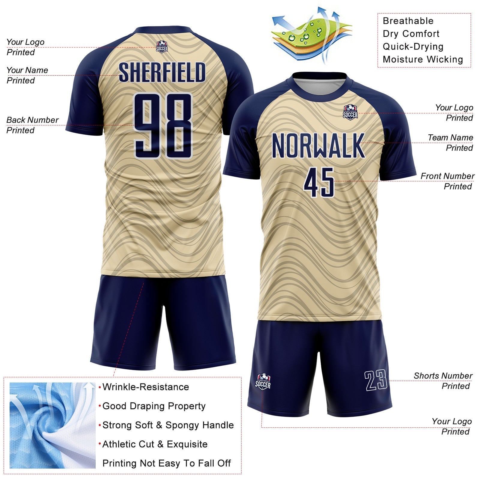 Custom Cream Navy-White Wavy Lines Sports Sublimation Soccer Uniform Jersey view 4