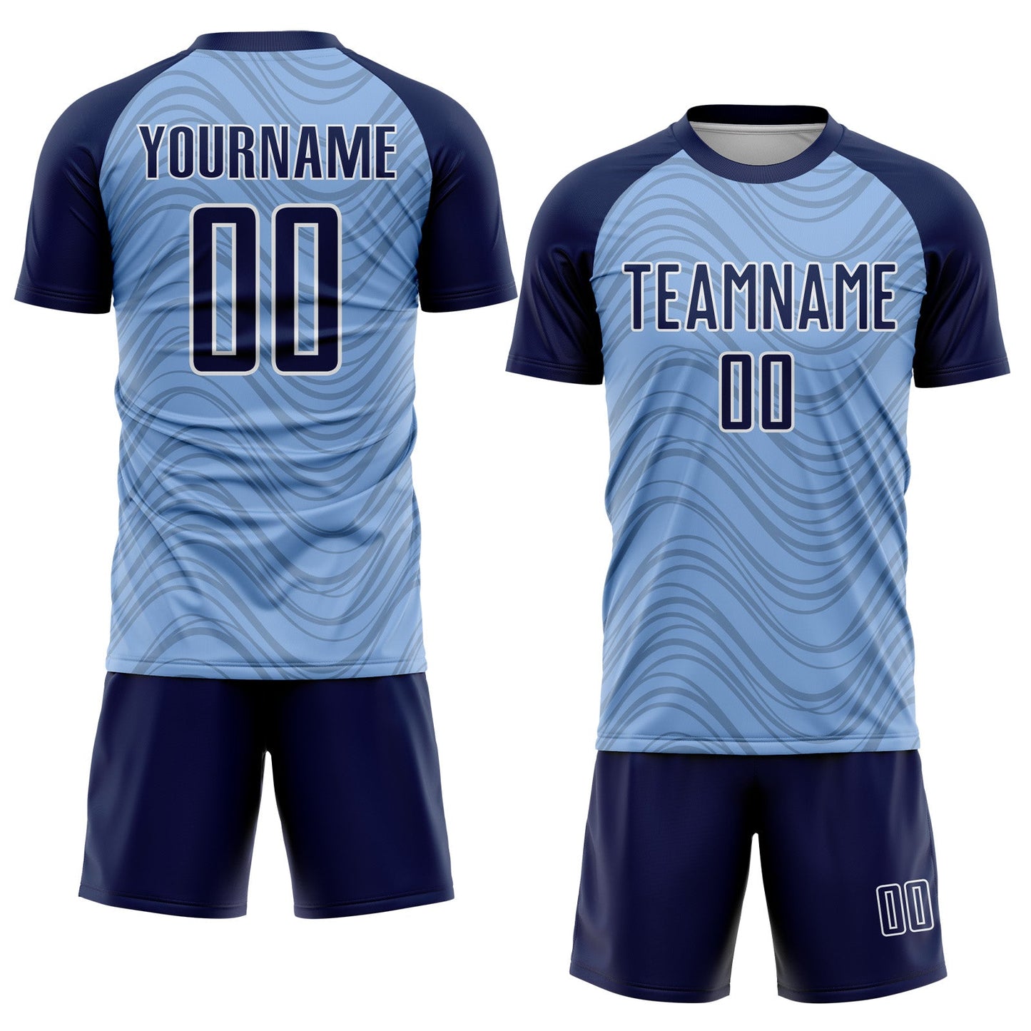 Custom Light Blue Navy-White Wavy Lines Sports Sublimation Soccer Uniform Jersey view 2