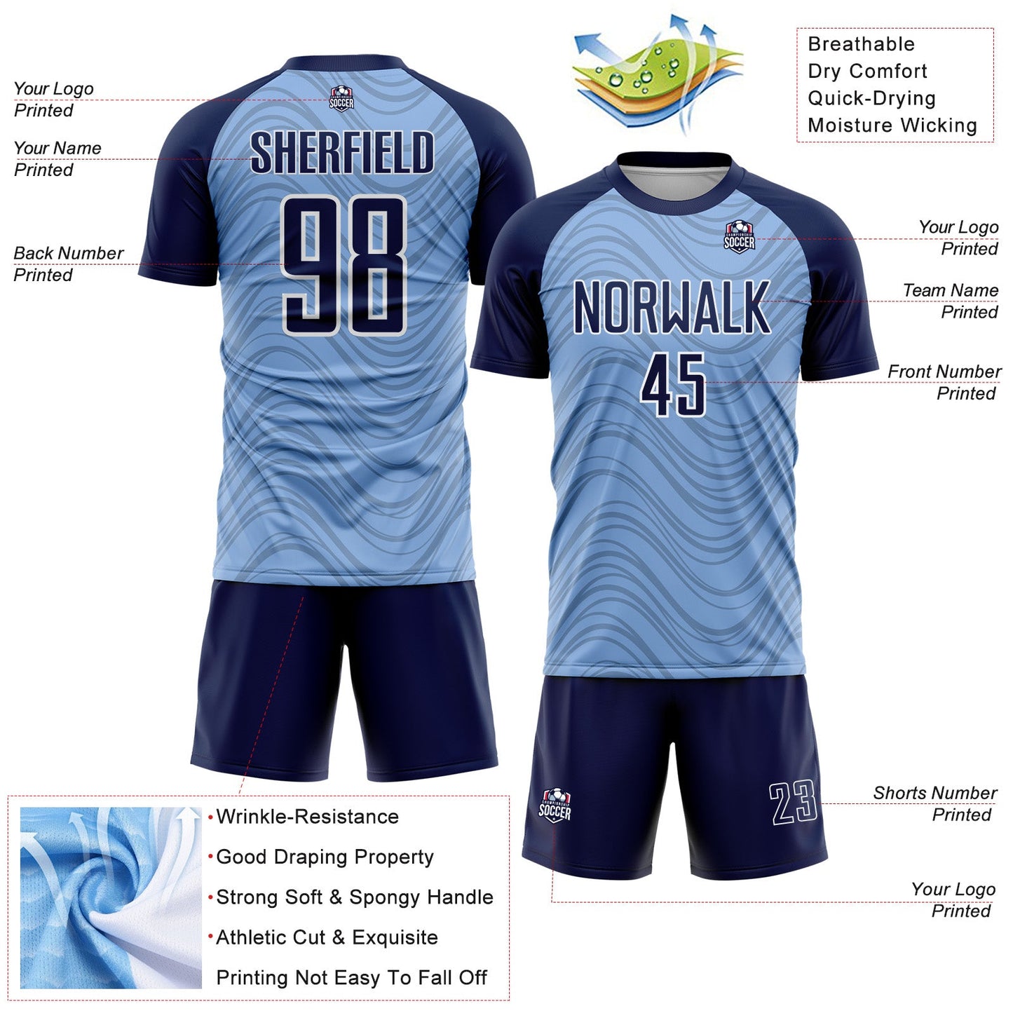 Custom Light Blue Navy-White Wavy Lines Sports Sublimation Soccer Uniform Jersey view 4