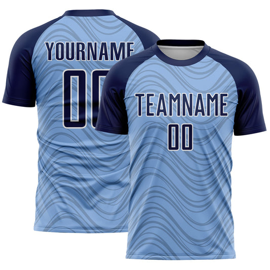 Custom Light Blue Navy-White Wavy Lines Sports Sublimation Soccer Uniform Jersey - Main View