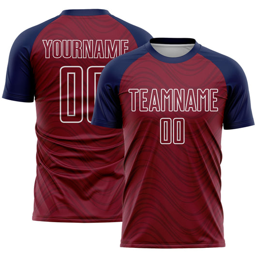 Custom Crimson Navy-White Wavy Lines Sports Sublimation Soccer Uniform Jersey - Main View
