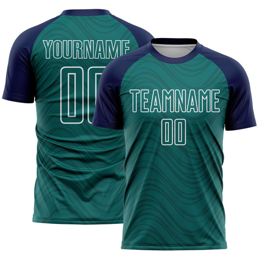 Custom Teal Navy-White Wavy Lines Sports Sublimation Soccer Uniform Jersey - Main View