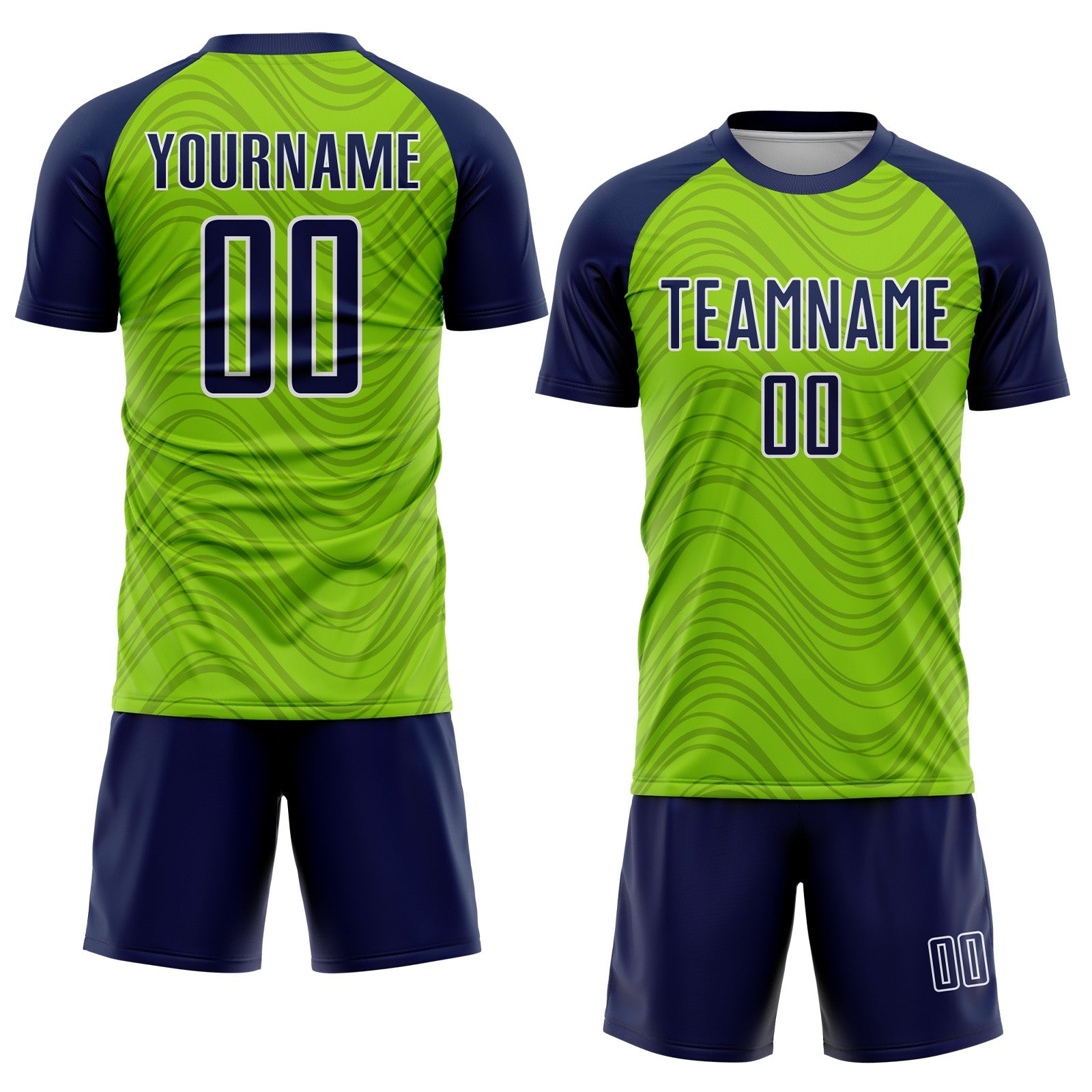 Custom Neon Green Navy-White Wavy Lines Sports Sublimation Soccer Uniform Jersey view 2