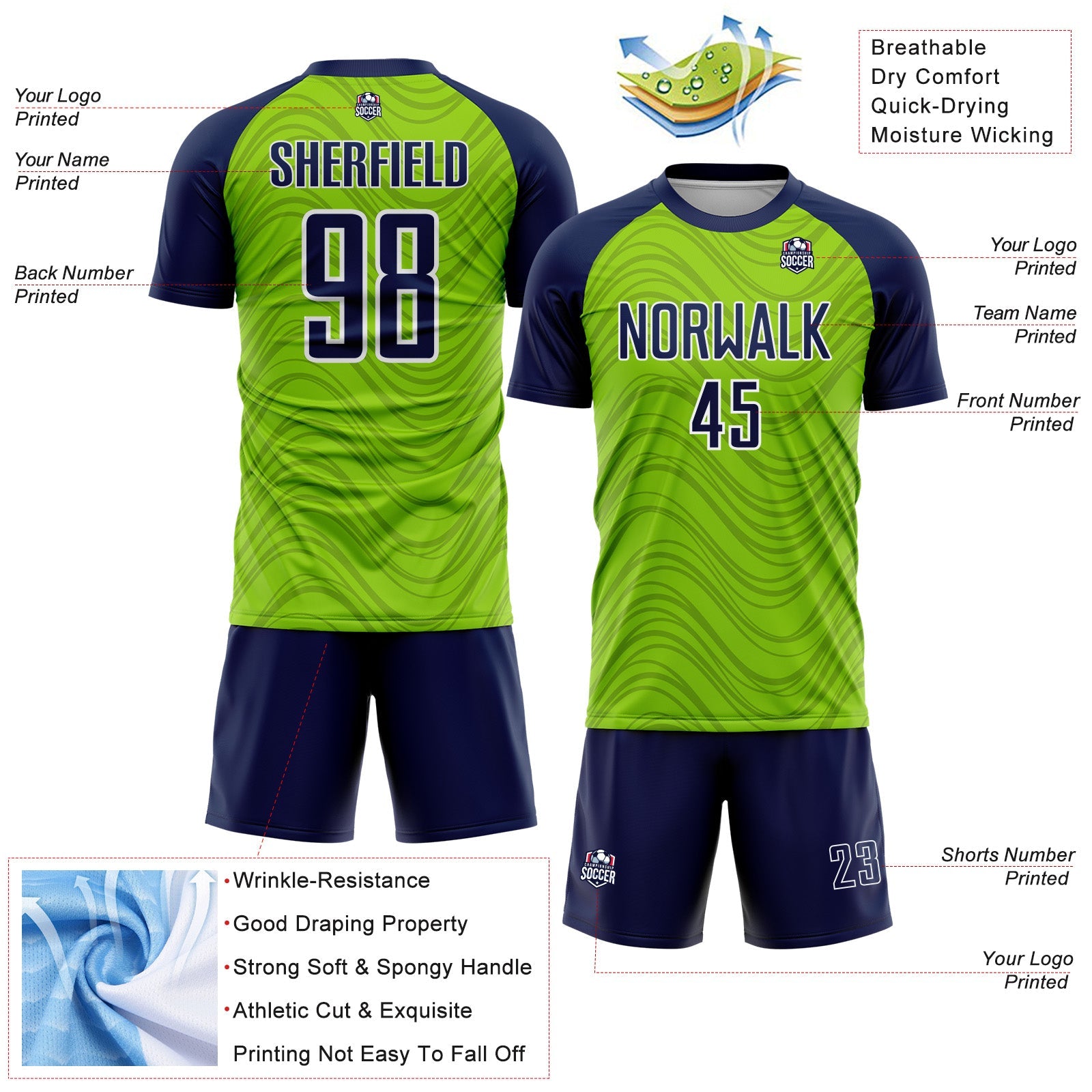 Custom Neon Green Navy-White Wavy Lines Sports Sublimation Soccer Uniform Jersey view 4