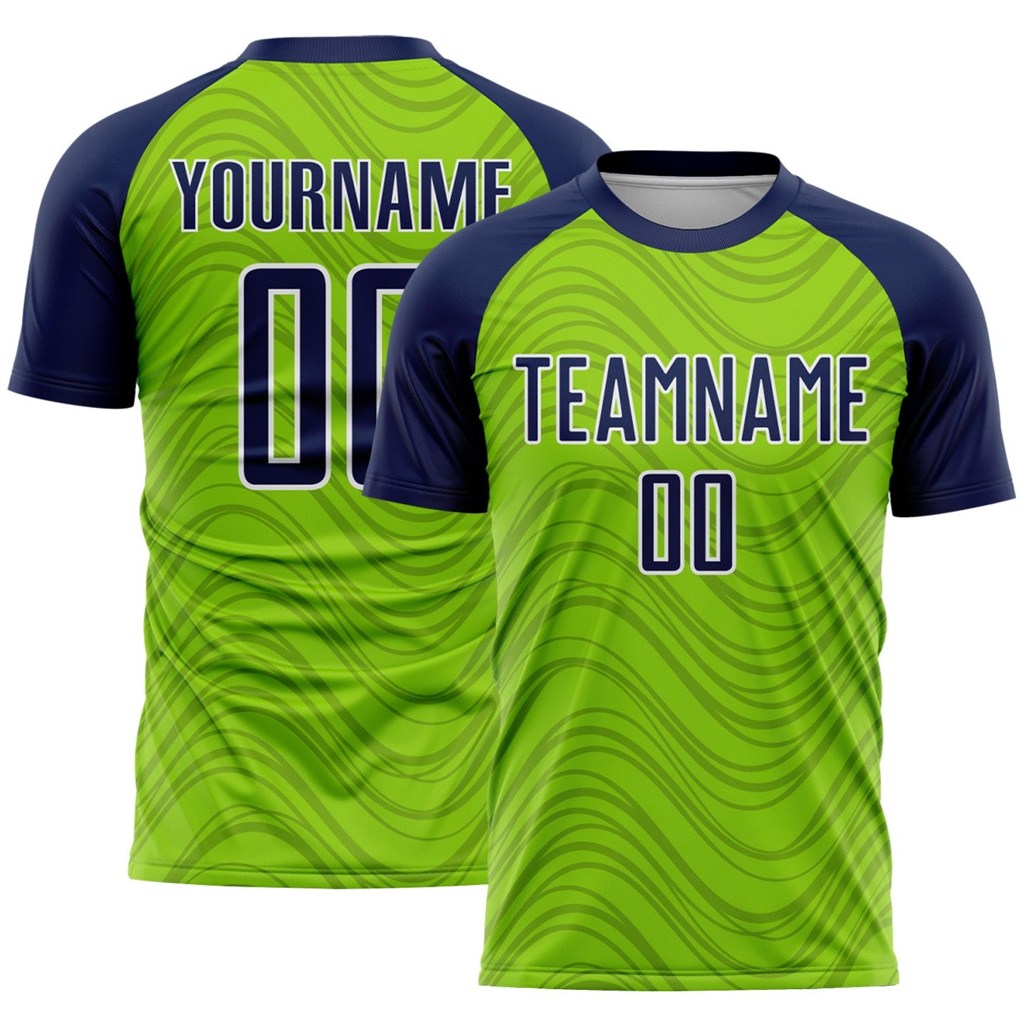 Custom Neon Green Navy-White Wavy Lines Sports Sublimation Soccer Uniform Jersey - Main View