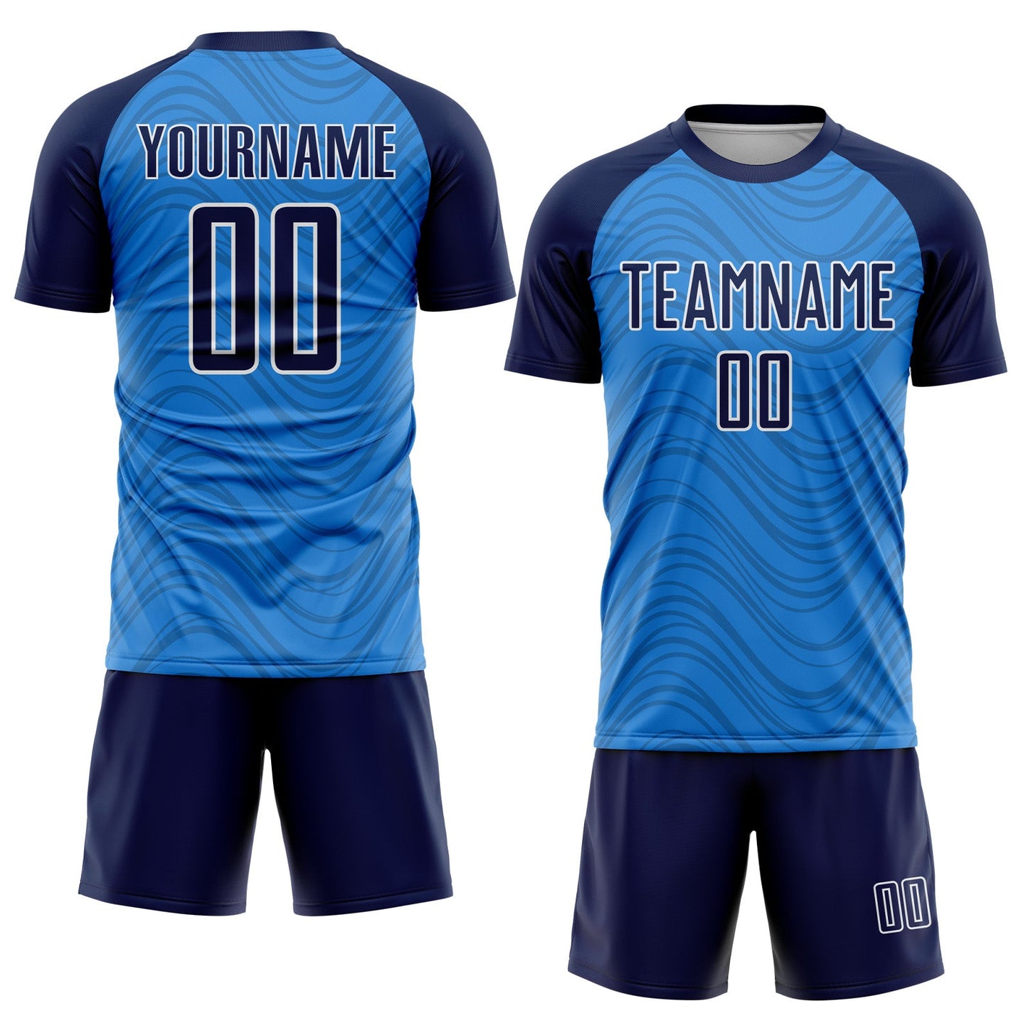 Custom Powder Blue Navy-White Wavy Lines Sports Sublimation Soccer Uniform Jersey view 2