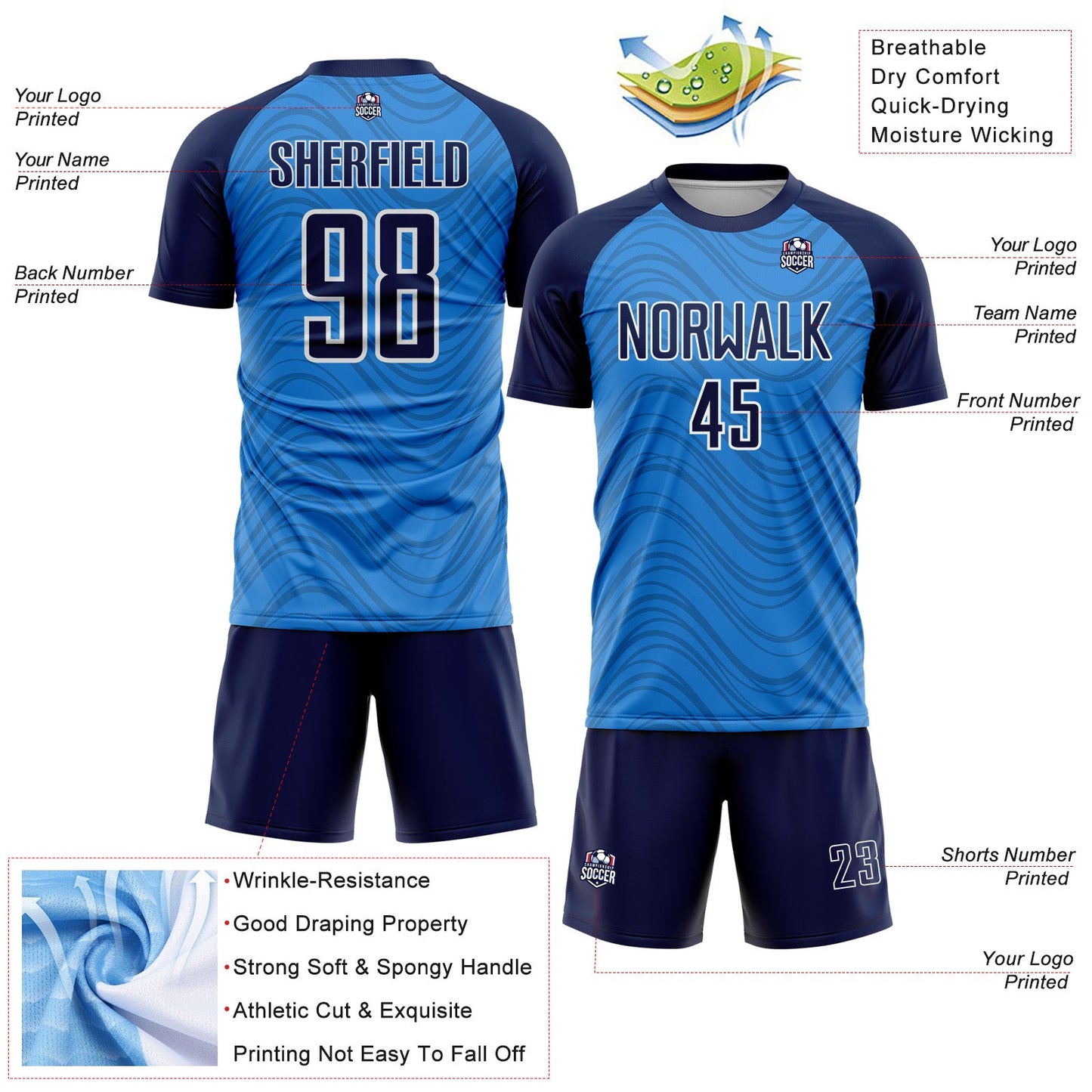 Custom Powder Blue Navy-White Wavy Lines Sports Sublimation Soccer Uniform Jersey view 4