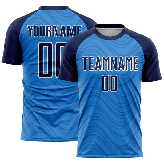 Custom Powder Blue Navy-White Wavy Lines Sports Sublimation Soccer Uniform Jersey - Main View