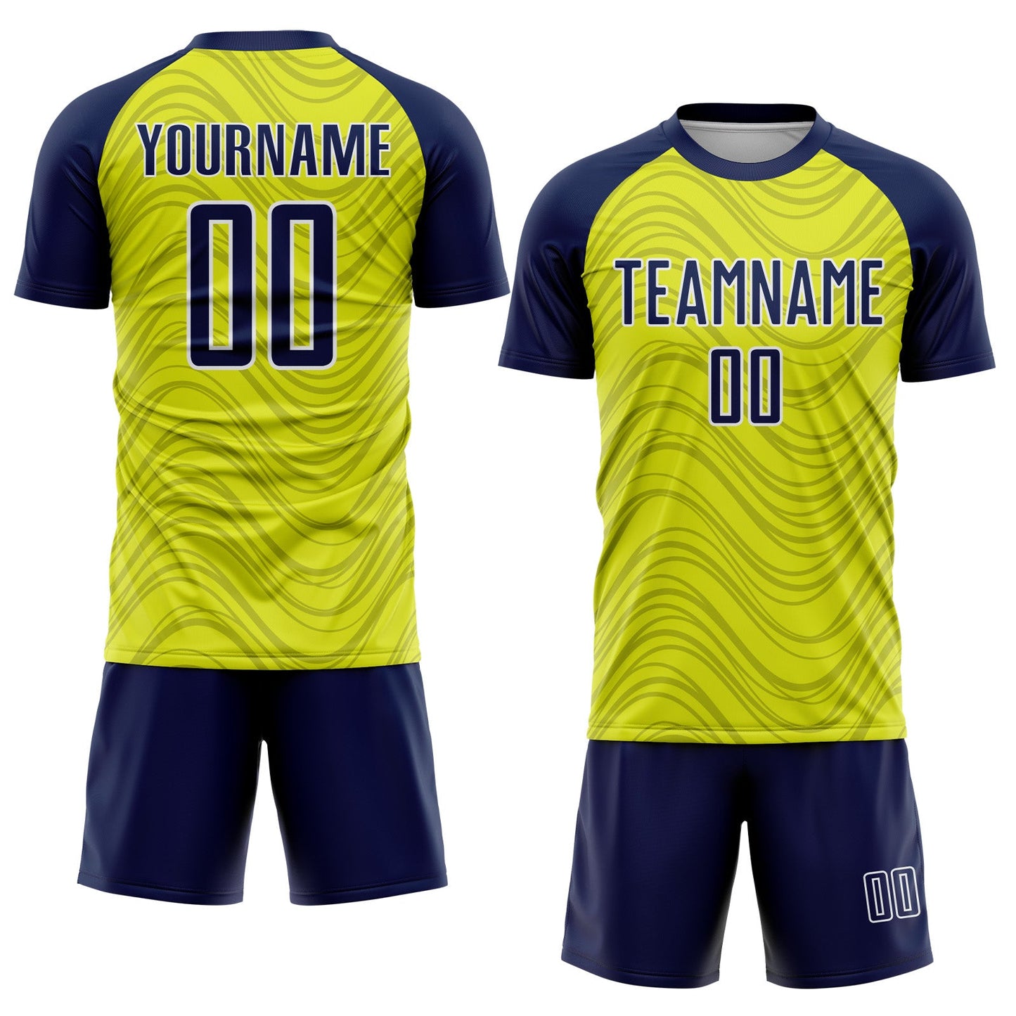 Custom Neon Yellow Navy-White Wavy Lines Sports Sublimation Soccer Uniform Jersey view 2
