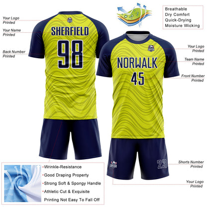 Custom Neon Yellow Navy-White Wavy Lines Sports Sublimation Soccer Uniform Jersey view 4