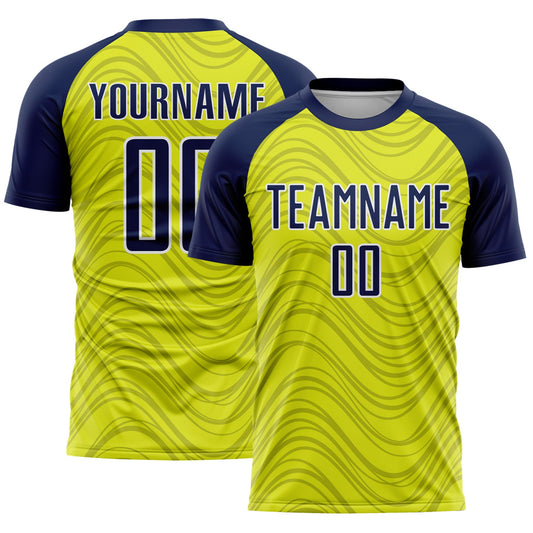 Custom Neon Yellow Navy-White Wavy Lines Sports Sublimation Soccer Uniform Jersey - Main View